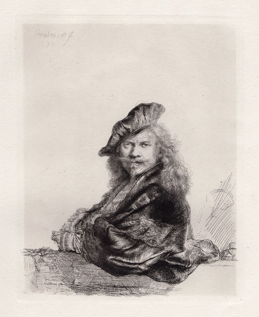 1800's Rembrandt Leaning on a Stone Sill etching signed Durand: After Rembrandt Harmenszoon Van Rjin. (1606-1669). Rembrandt Leaning on a Stone Sill. Hand pulled copper plate etching after the 1639 original by Amand Durand (1831 - 1905). C. 1880. Signed in the pla