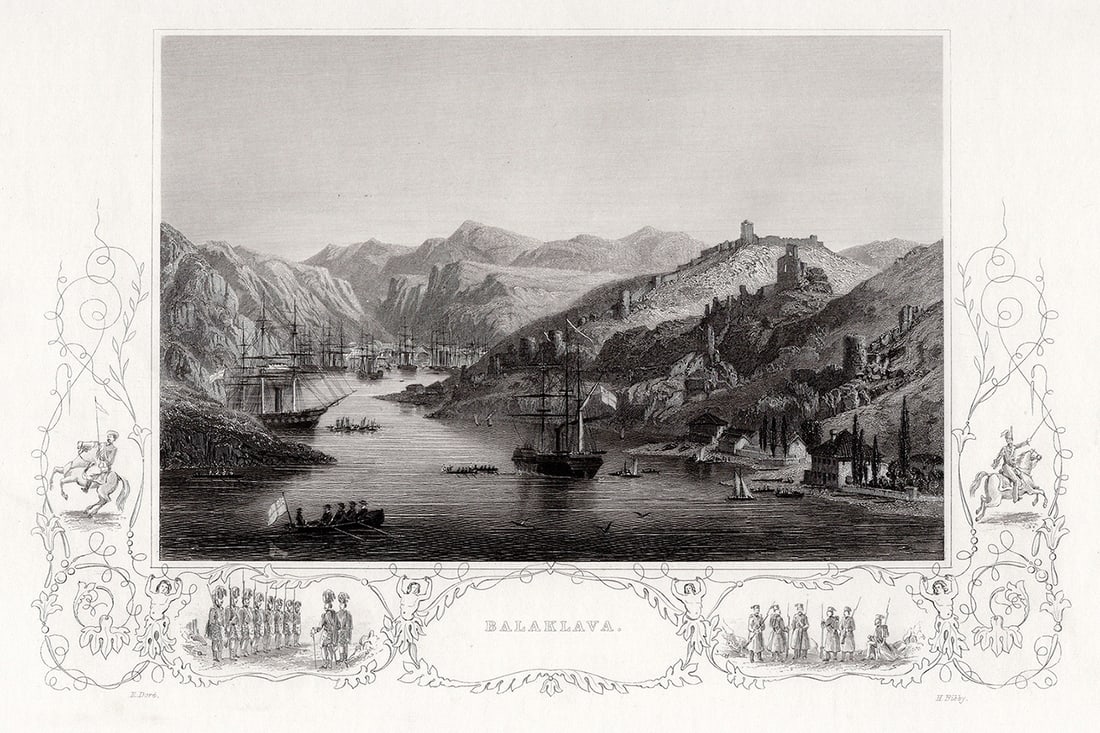 ORIGINAL H. BIBBY 1800s Engraving Balaklava Harbor SIGNED Framed: H. Bibby (19th Century). Balaklava. Original engraving on wove paper after the original by master engraver E. Dore (19th Century). Year: c. 1855. Signed in the plate. Image Size 6 x 9 3/8 inches. Fram