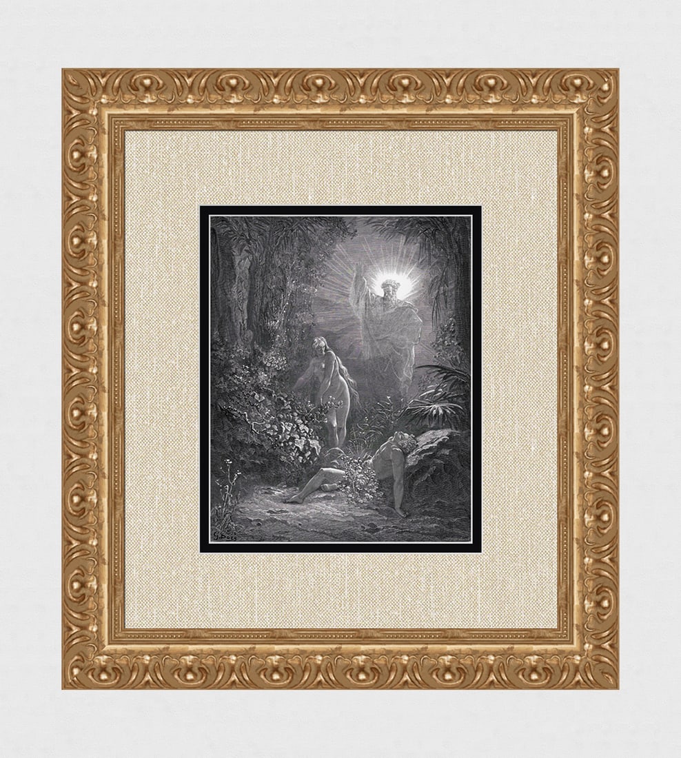 1800s GUSTAVE DORE'S BIBLE Woodcut The Formation of Eve SIGNED FRAMED: Gustave Dore (Paul Gustave Louis Christophe Dore) (French, 1832-1883). The Formation of Eve (from Dore's Bible). Antique woodcut wove paper after the original by a master wood engravers Francois Augus