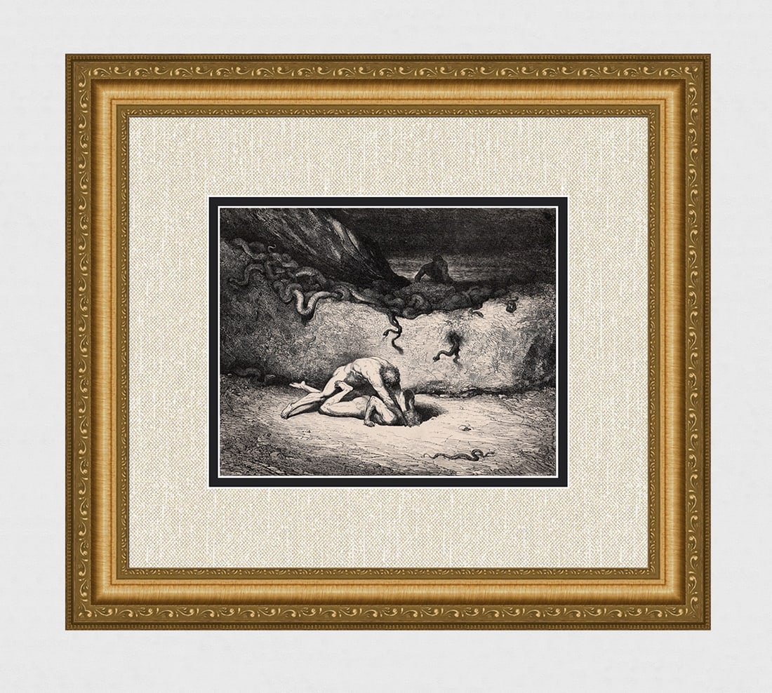 DORE 1800s Divine Comedy Woodcut "Schicchi Attacks Capocchio" SIGNED Framed COA: Gustave Dore (Paul Gustave Louis Christophe Dore) (French, 1832-1883).Chant 30. Schicchi Attacks Capocchio (Dante's Divine Comedy Enferno). Antique woodcut wove paper after the original by master wood
