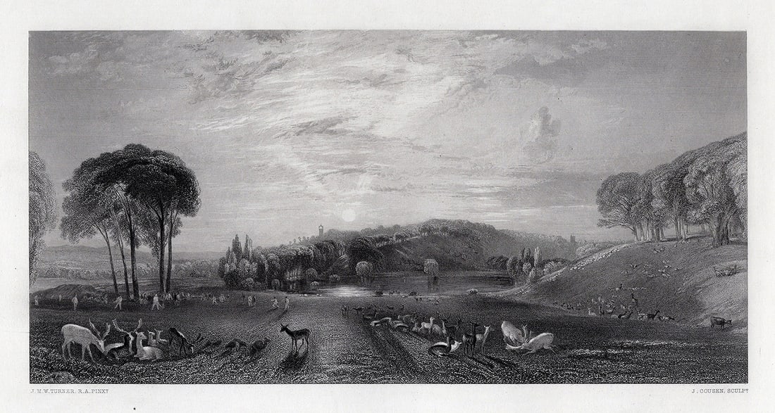 FRAMED 1800s JMW TURNER Engraving Deer Park at Sunset SIGNED (1 of 3)