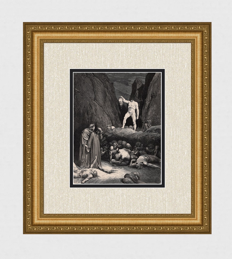 Incredible 1800s DORE Divine Comedy Woodcut "Bertran de Born" Framed Signed COA: Gustave Dore (Paul Gustave Louis Christophe Dore) (French, 1832-1883).Chant 27. Bertran de Born (Dante's Divine Comedy Enferno). Antique woodcut wove paper after the original by master wood Auguste Po