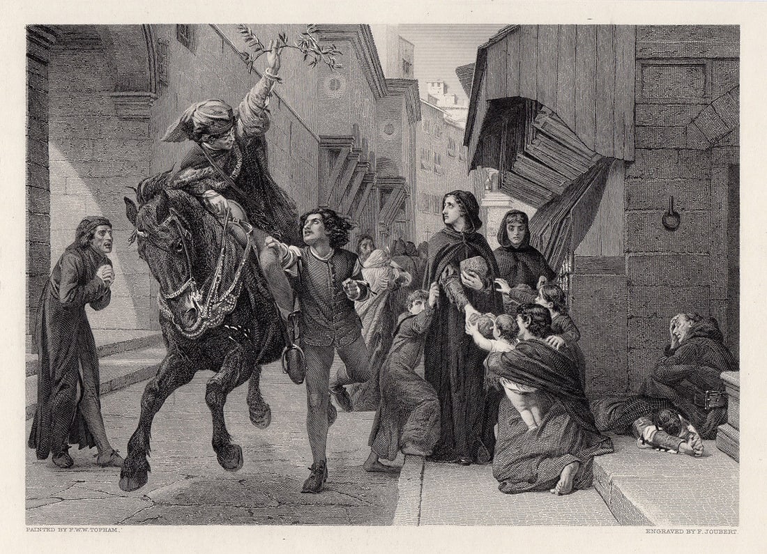 Frank William Warwick Topham A Messenger of Good Tidings: News of Relief of Florence 1496 1884: Frank William Warwick Topham. (English, 1838-1924). A Messenger of Good Tidings: News of Relief of Florence 1496. Antique engraving on wove paper after the original oil on canvas by master engraver Fr