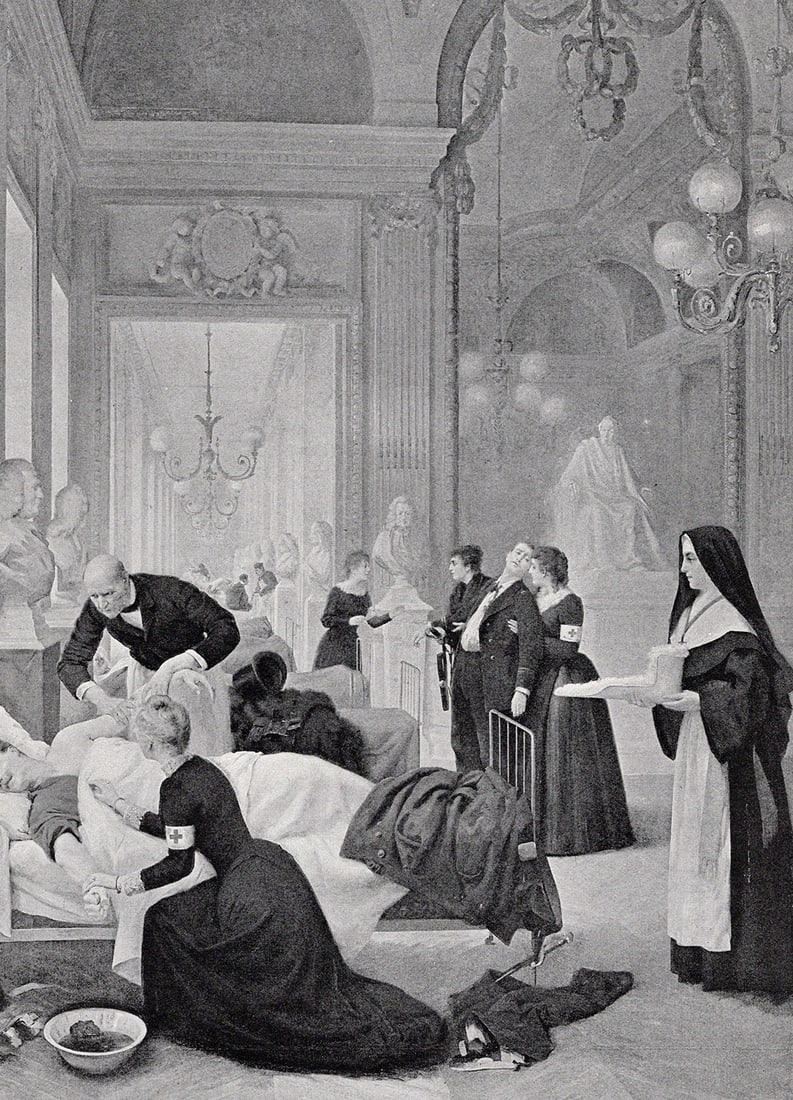 Brouillet 1800s Antique Print Hospital in the French Theatre SIGNED Framed: Andre Brouillet (1857 - 1914). The Hospital in the French Theatre. Antique print after the original. Year: c. 1890. Signed in the plate, lower right. Image Size 7 x 10 1/4 inches. Framed dimensions ap