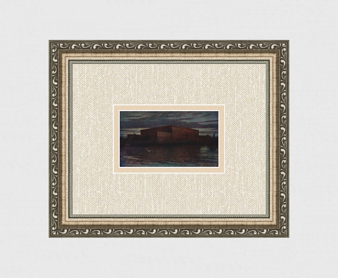 Prince Eugen Antique Color Print Night View of Stockholm Castle Framed: Prince Eugen of Sweden and Norway, Duke of N?rke (Swedish, 1865 - 1947). Stockholm Castle. Antique color print on wove paper after the original oil painting. Year: 1909. Image Size 3 x 5 1/4 inches. F