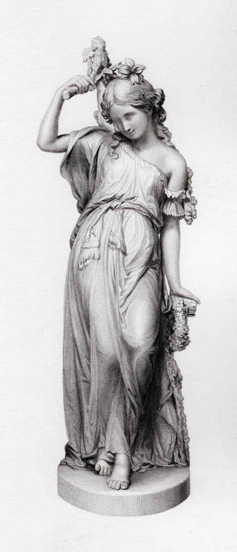 1859 John Hancock Antique Engraving The Coy Maiden Framed: John Hancock (English, c. 1825-1869). Maidenhood. Antique engraving on wove paper after the original by master engraver William Henry Egleton (British, 1833-1862 fl.) Year: 1859. Image Size 2 3/4 x 8 