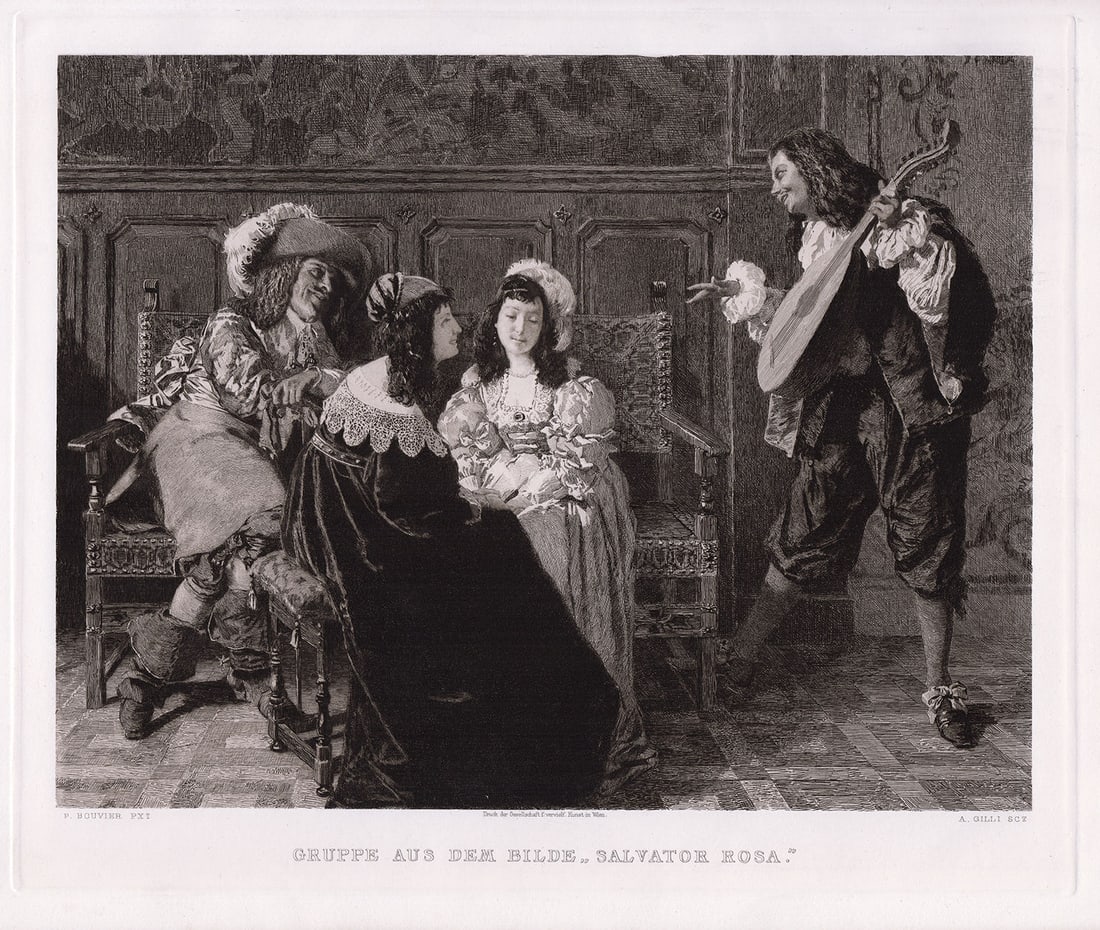 1887 Pierre-Louis Bouvier The Salon from Salvator Rosa etching signed Framed: Pierre-Louis Bouvier (Swiss, 1765-1836). Gruppe Aus Dem Bilde Salvator Rosa (Group From The image of Salvator Rosa). Antique etching on wove paper after the original by master etcher Alberto Maso Gill