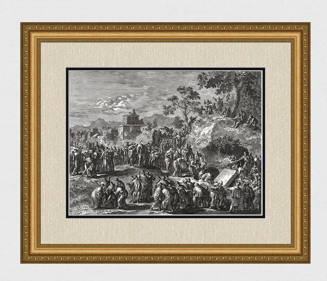 1747 Monumental Engraving Jan Luyken Lazarus Framed: Jan Luyken (Dutch, 1649 - 1712). The Ressurection of Lazarus. Antique engraving on laid paper. Year: 1747. Publisher: Frans Houtteyn. Reference: Hollstein / Dutch and Flemish etchings, engravings and 