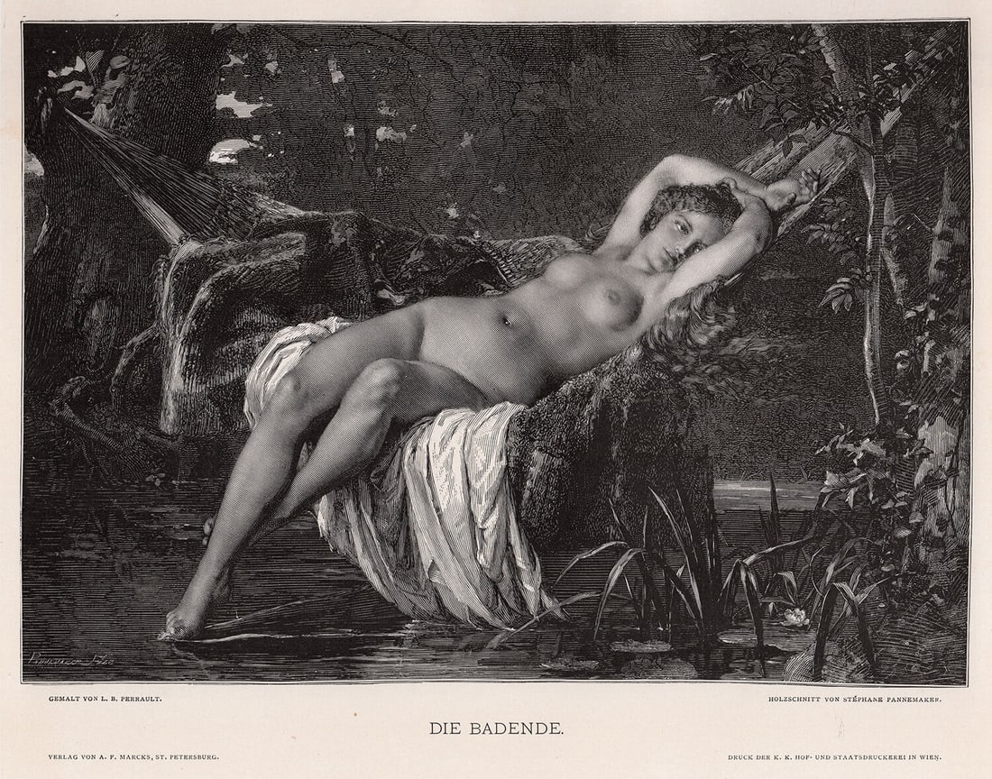 1800s Leon Bazile Perrault Woodcut The Bather: Leon-Jean-Bazille Perrault (French, 1832-1908). The Bather (La Baigneuse). Antique woodcut on wove paper after the original oil on canvas by master wood engraver St?phane Pannemaker ((1847 - 1930). Ye