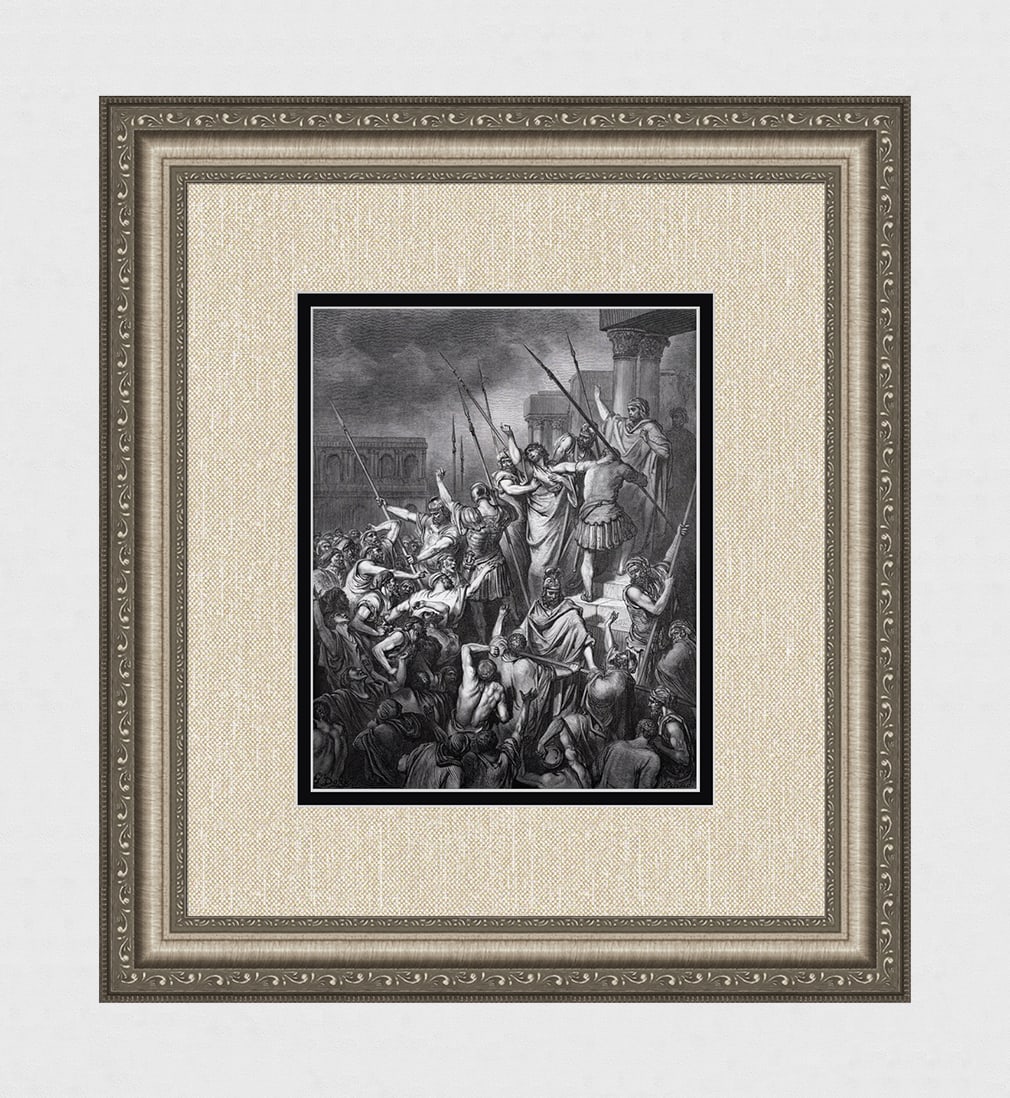 GUSTAVE DORE 1800s Biblical Wood Engraving Paul Menanced by the Jews Paul SIGNED Framed: Gustave Dore (Paul Gustave Louis Christophe Dore )(French, 1832-1883). Saint Paul Rescued from the Multitude (Dore's Bible). Antique Wood Engraving on wove paper after the original drawing by master e