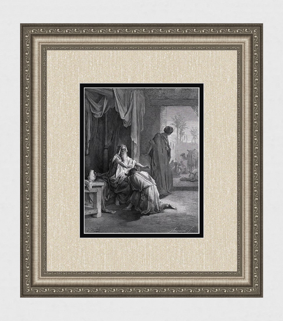 GUSTAVE DORE SIGNED 1800s Religious Woodcut Isaac Blesses Jacob FRAMED: Gustave Dore (Paul Gustave Louis Christophe Dore) (French, 1832-1883). Isaac Blessing Jacob (from Dore's Bible). Antique woodcut wove paper after the original by a master wood engraver Adolphe Gusmand