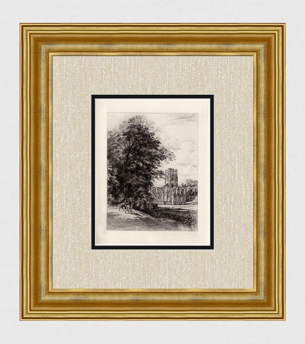 1882 Alfred Louis Brunet-Debaines Fountain's Abbey etching signed: Alfred Louis Brunet-Debaines (French, 1845-1939). "Fountain's Abbey". Antique etching on thick laid paper. 1882. Signed in the plate. Excellent. Image size 6 1/2 x 8 1/2 inches. Approximately 16 x 18 