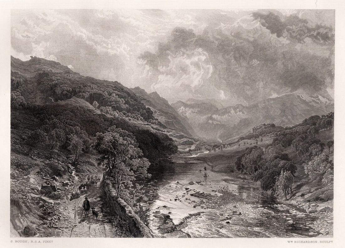 SIGNED 1800s Samuel BOUGH Engraving Borrwdale, England FRAMED: Samuel Bough (English,1822-1878). Borrowdale. Antique engraving after the original by master engraver William Richardson (British, 1847-1860 fl.). Signed in the plate. Year: 1871. Image Size 6 7/8 x 9