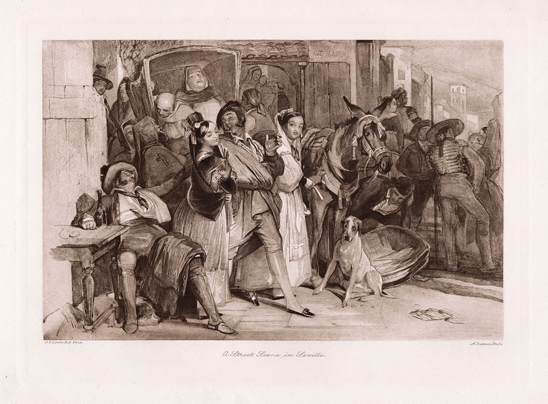 John Frederick Lewis A Street Scene in Seville print signed: John Frederick Lewis. (English, 1804-1876). A Street Scene in Seville. Antique Heliogravure on wove paper after the original by master etcher Alfred Dawson (British, 1843-1931). 1892. Signed in the pl
