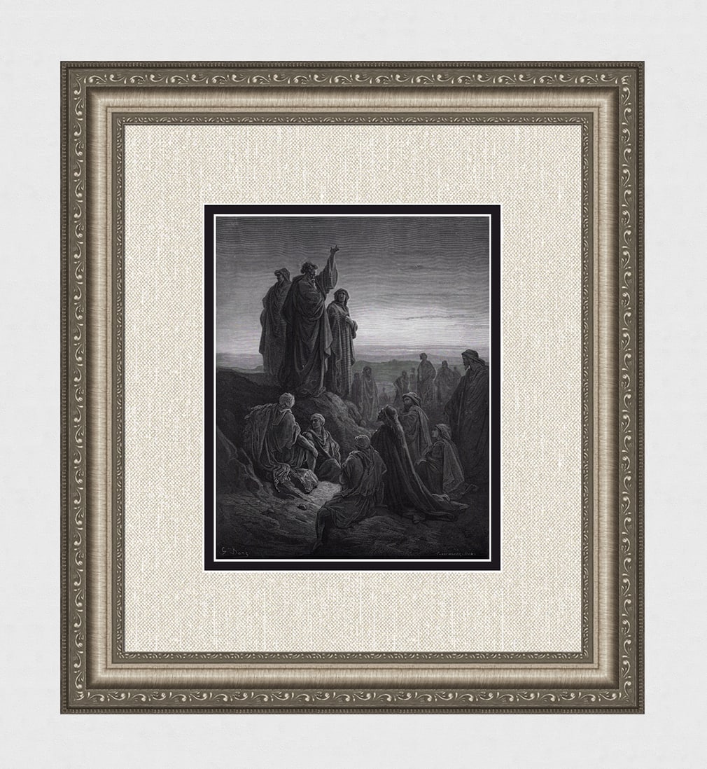 1800s Gustave Dore Wood Engraving Peter?s Sermon to the Crowd Framed Signed: Gustave Dore(Paul Gustave Louis Christophe Dore) (French,1832-1883). The Apostles Preaching The Gospel (from Dore's Bible). Antique Wood Engraving wove paper after the original by a master wood engrav