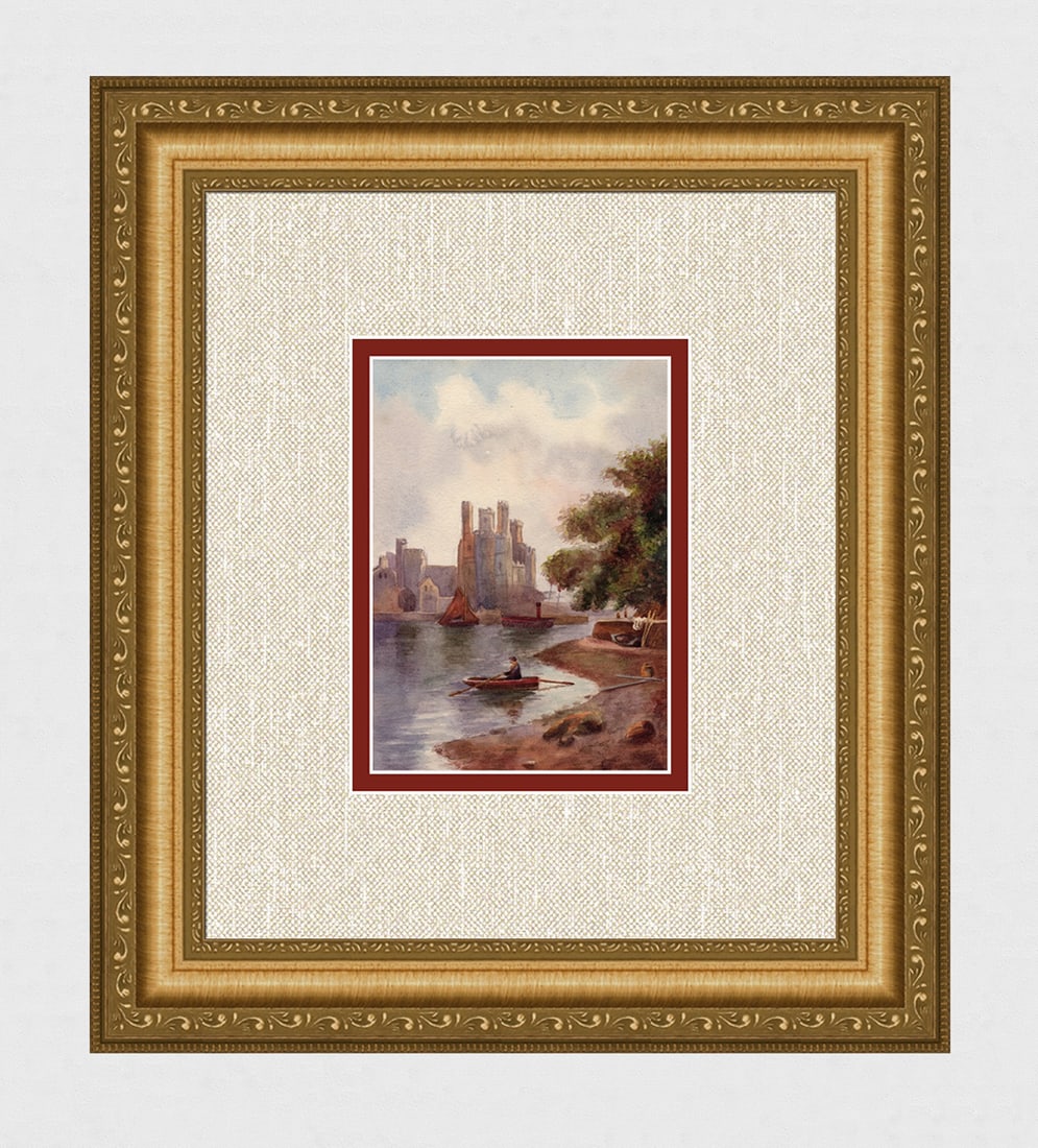 1909 British Watercolor Carnarvon Castle Framed: Monogram signature on mount. Carnarvon Castle Wales. Original watercolor on wove paper. Year: 1909. Signed in monogram and dated 1909 on the original mount (See Pictures) Image size 4 1/2 x 6 1/4 inch