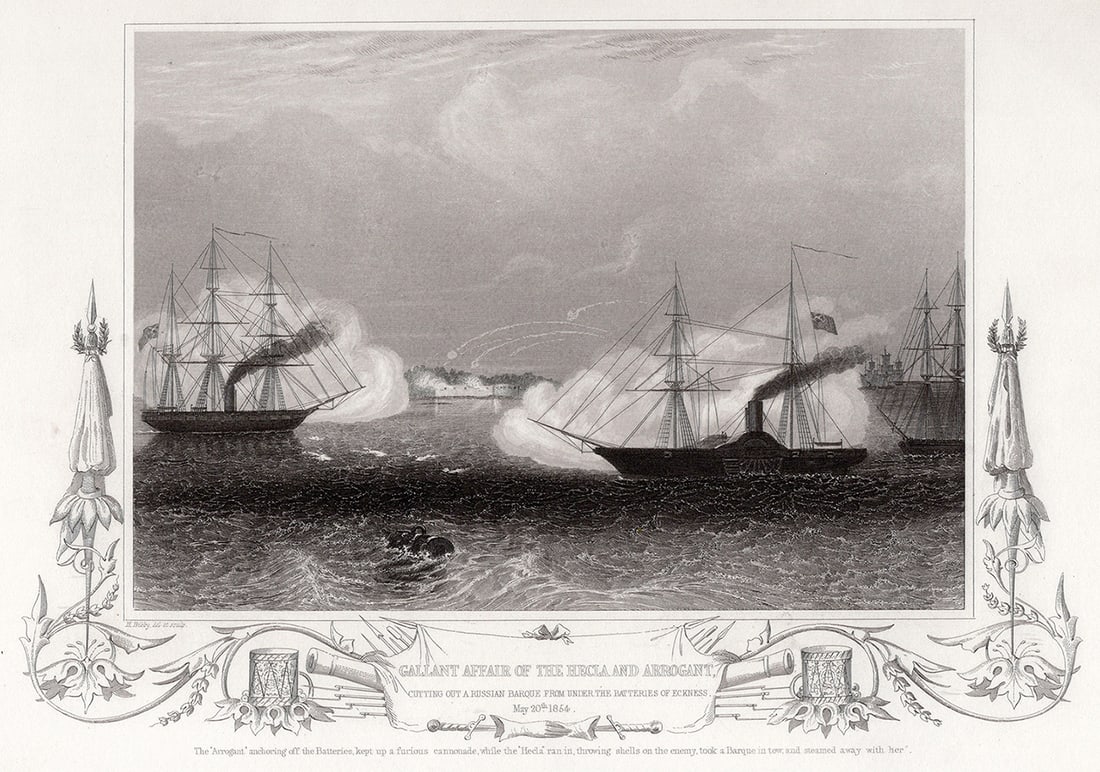 1800s H. BIBBY SIGNED Antique Engraving HMS Hecla & HMS Arrogant FRAMED: H. Bibby (19th Century). Gallant Affair of the Hecla and Arrogant. Antique engraving on wove paper after the original. Year: c.1855. Signed in the plate. Image Size 6 1/4 x 9 inches. Framed dimensions