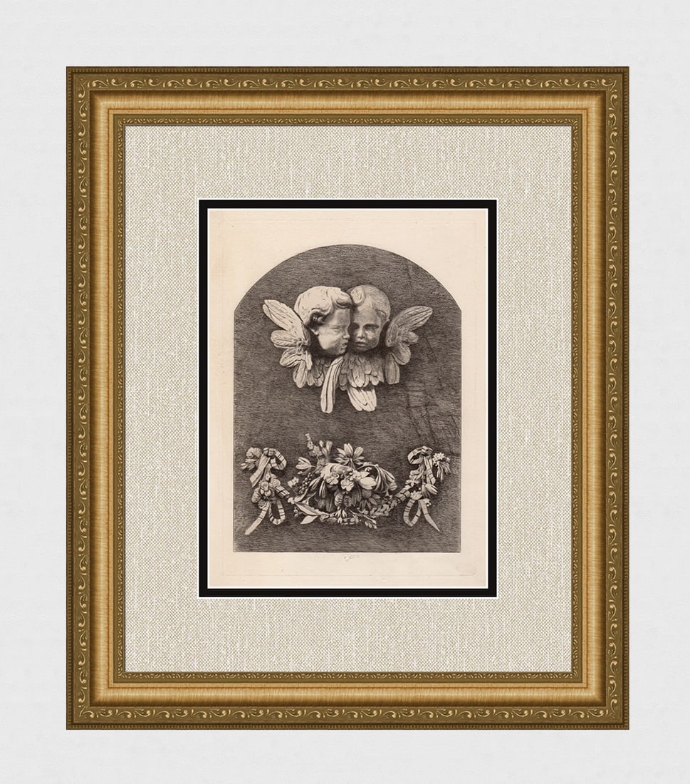 Gustave Greux Carvings in Trinity College Library (The Wren Library) etching signed: Gustave Greux. (French, 1838-1919). Carvings in Trinity College Library (The Wren Library). Original Etching on laid paper. 1880. Signed in the Plate. Excellent. Image Size 7 7/8 x 11 inches. Framed d