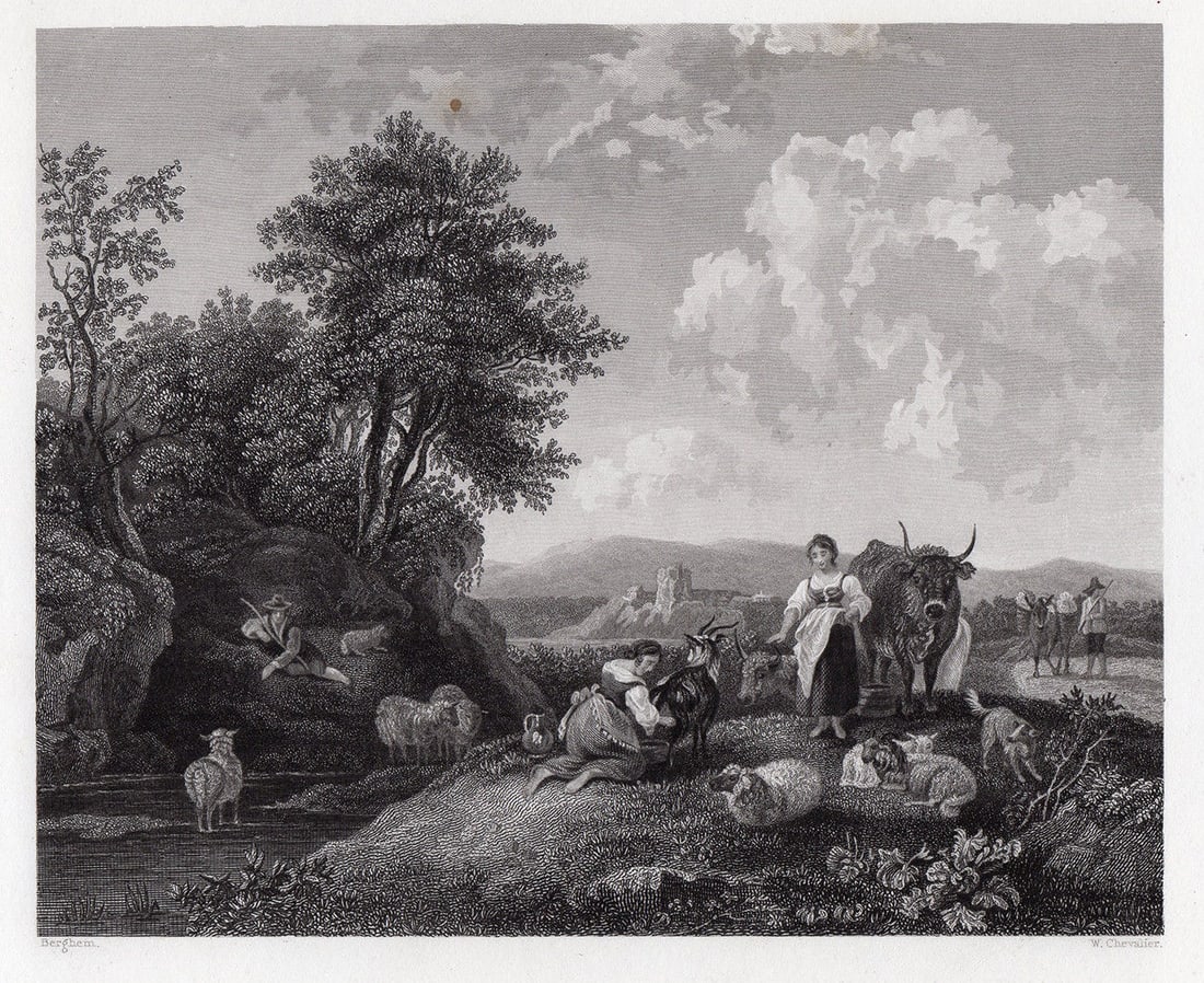Nicolaes Berchem Landscape Genre Scene 1834 engraving Framed: Nicolaes Berchem. (Nicolaes Pieterszoon Berchem) (Dutch, 1620-1683). A Landscape. Antique Steel Engraving on Wove Paper after the original by Master Engraver William Chevalier (French, Paris 1804-1866
