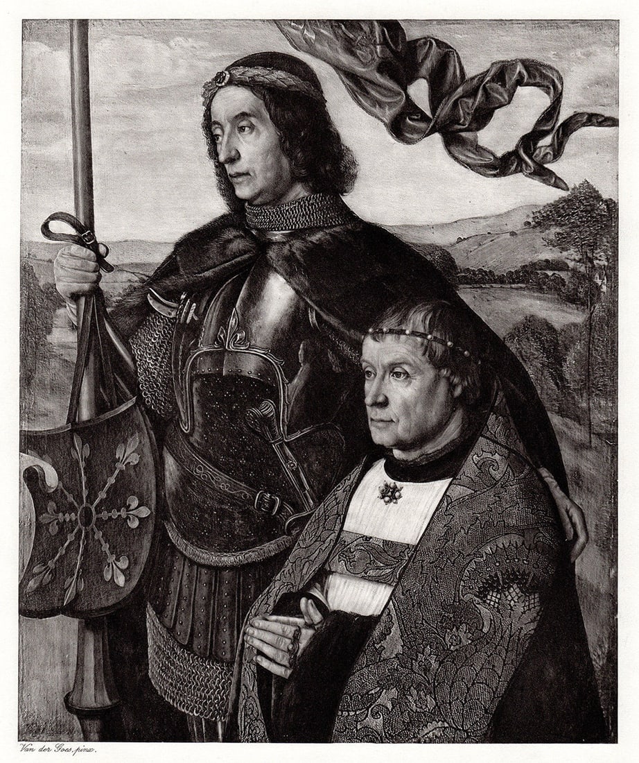 Hugo van der Goes Saint Maurice (or Saint Victor) 1892 print signed: Hugo van der Goes. (Flemish, c. 1440 ? 1482). Saint Maurice (or Saint Victor) with a Donor. Antique heliogravure on wove paper after the original oil on panel by a Master Engraver. 1892. Signed in the