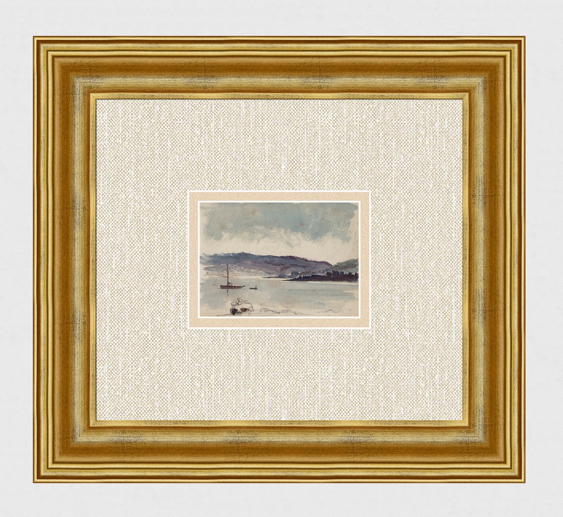 Original 1800's English Watercolor Sailing Framed: Sailing. Original Watercolor and gouache on cream tinted wove paper. Year: c. 1880. Image size 3 3/8 x 4 3/4 inches. Framed dimensions approximately 14 x 16 inches. This artwork is accompanied by a Ga