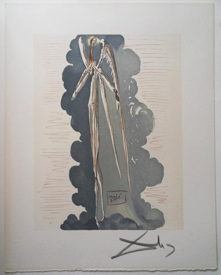 1960 Salvador Dali Angel Authentic Woodcut: Salvador Dali. (1904-1989). "The Angel of the Seventh Sphere" Paradise Canto 22. Authentic Original Color Woodcut from The Divine Comedy Printed in 1960 on B.F.K. Rives Paper ( this is not a reproduct