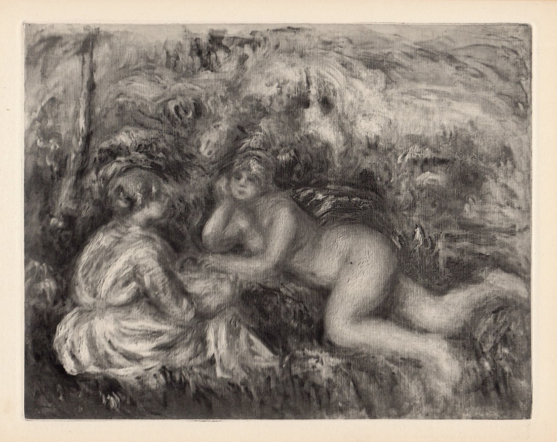1919 Renoir Limited Engraving "Conversation after the Bath" Framed: Pierre Auguste Renoir (1841 - 1919). Apres le bain II (After the Bath). Antique copper plate heliogravure engraving on Japon Imperial paper hand pulled by Emile Fequet in Paris on December 15, 1919. E