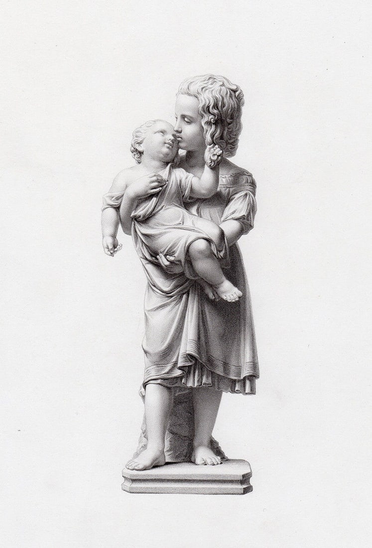 Giovanni Fontana The Sister's Charge 1872 engraving: Giovanni Fontana. (Italian/English, c. 1821 - 1893). The Sister's Charge. Antique Engraving on wove paper after the original Statue by master engraver William Roffe (active 1820-1890). 1872. Excellent