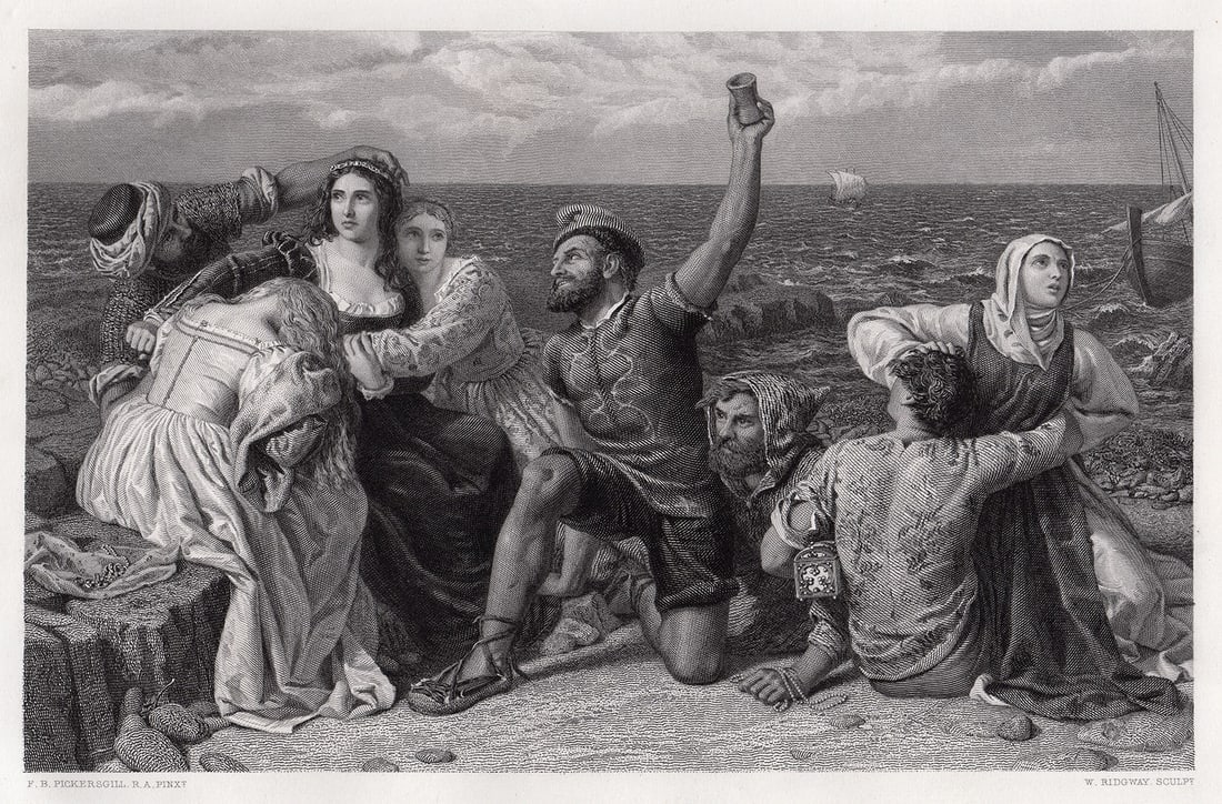 Frederick Richard Pickersgill 1869 engraving Pirates of the Mediterranean Playing at Dice for: Frederick Richard Pickersgill. (English, 1820-1900). Pirates of the Mediterranean Playing at Dice for Prisoners. Antique engraving on wove paper after the original by master engraver William Ridgway. 