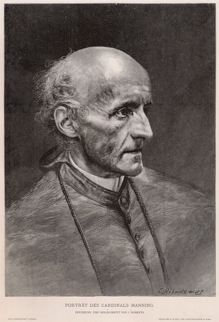 Charles Roberts Portrait of Cardinal Manning woodcut signed: Charles Roberts. (1870 - 1898). Portrat Des Cardinals Manning (Portrait of Cardinal Manning). Antique woodcut on wove paper. 1887. Signed in the plate, lower right. Excellent. K.K. Farm- And Staatsdru