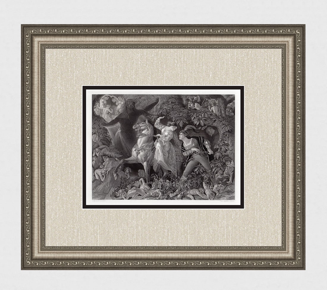 1800s Daniel MACLISE Antique Engraving Undine on Horseback Framed: Daniel Maclise (Irish, 1806-1870). Undine. Antique engraving on wove paper after the original master engraver Charles William Sharpe (Britihs, 1818-1899). Year: 1855. Signed in the plate. Image Size 7