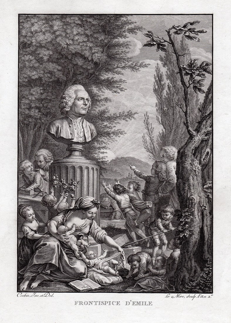 Charles-Nicolas Cochin 1792/93 engraving Frontispiece d'Emile signed: Charles-Nicolas Cochin (French, 1715-1790). Frontispiece d'Emile. Original steel engraving on wove paper. 1792/93. Signed in the plate. Excellent. Image size 6 x 8 1/2 inches. Framed dimensions approx