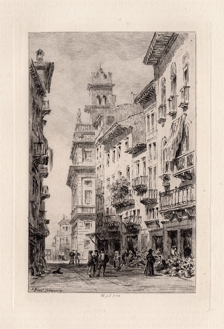 1877 William A Street in Verona etching signed: William. Wyld. "A Street in Verona". Antique etching on thick laid paper after the original by master etcher Alfred Louis brunet Debaines. 1877. Signed in the plate. Excellent. Image size 6 1/2 x 8 in