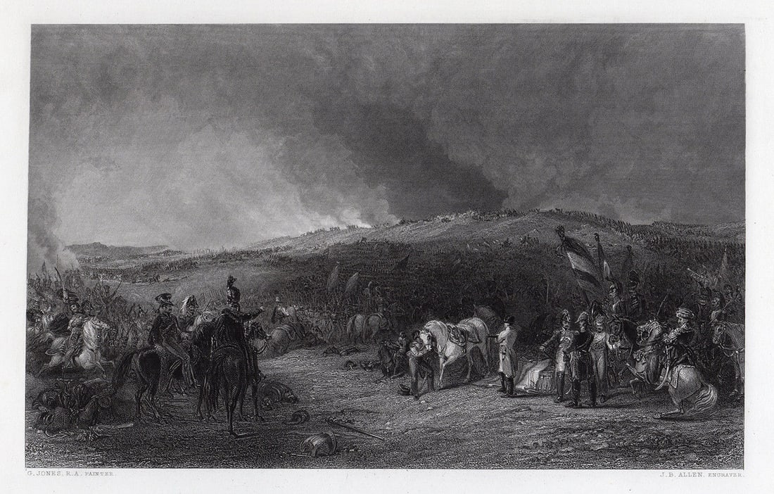 1850 George Jones The Battle of Borodino engraving signed: George Jones. (British, 1786 - 1869). The Battle of Borodino. Antique engraving on wove paper after the original oil painting by master engraver James Baylie Allen, English, 1803 - 1876. 1850. Signed 