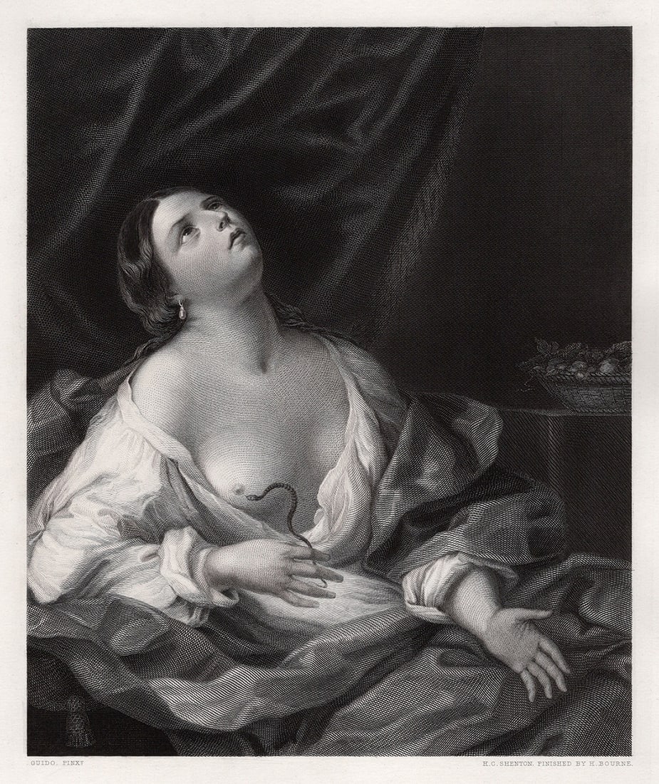 GUIDO RENI 1800s Antique Engraving Cleopatra & the Asp FRAMED: Guido Reni (Italian, 1575-1642). Death of Cleopatra. Antique engraving on wove paper after the original oil on canvas by master engravers Henry Chawner Shenton (British, 1803-1866) and Herbert Bourne 