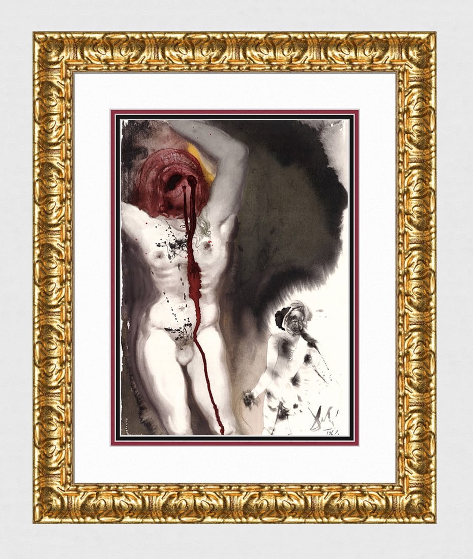 Salvador Dali Framed Original 1967 David and Goliath Lithograph: Salvador Dali. "Et dixit Philistaeus ad David: Numquid canis sum, quod venis ad me cum baculo (And the Philistine said unto David, Am I a dog, that thou comest to me with sticks?)" Mixed technique lit