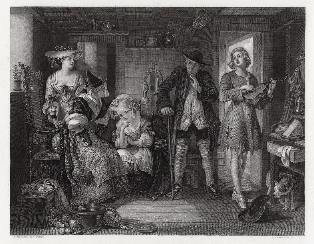 1857 Antique Engraving Daniel Maclise A Scene from Midas signed: Daniel Maclise. (Irish, 1806-1870). A Scene from Midas. Antique engraving on wove paper after the original oil on canvas by master engraver Arthur Willmore (British, 1814-1888). 1857. Signed in the pl