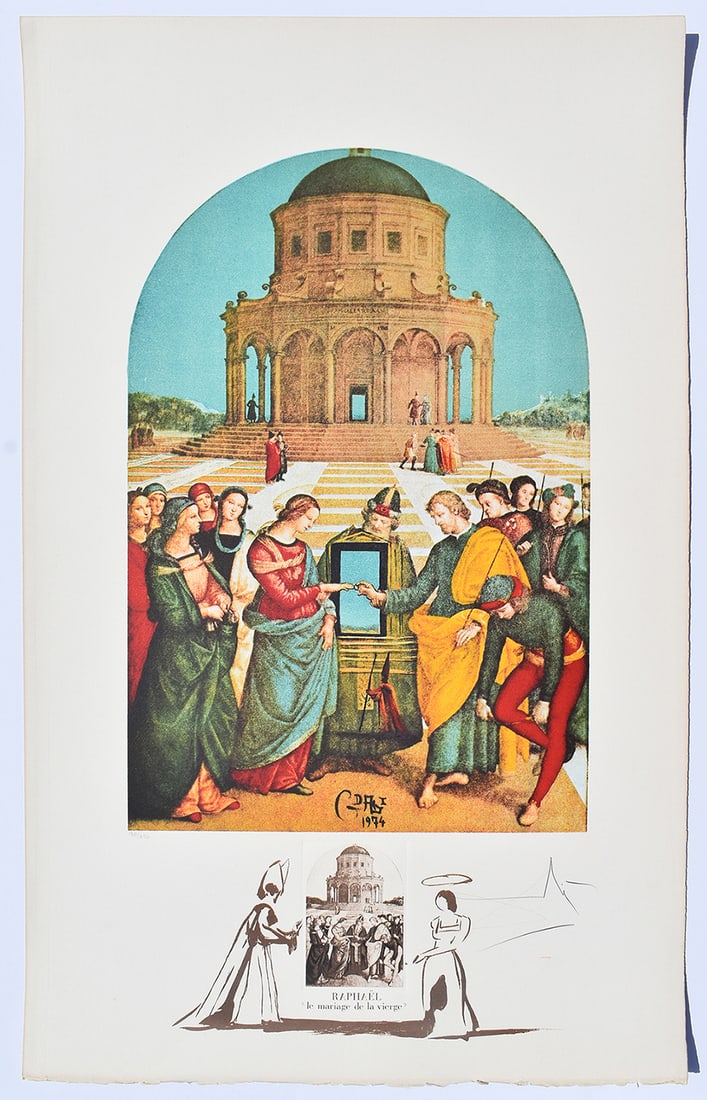 1974 Salvador Dali Lithograph Raphael Signed Numbered Limited: Salvador Dali. Raphael " Le Mariage de la Vierge" (Raphael: The Marraige of the Virgin)(From the suite Changes in Great Masterpieces). Offset Lithograph in colors with Original Lithographic Remarque l