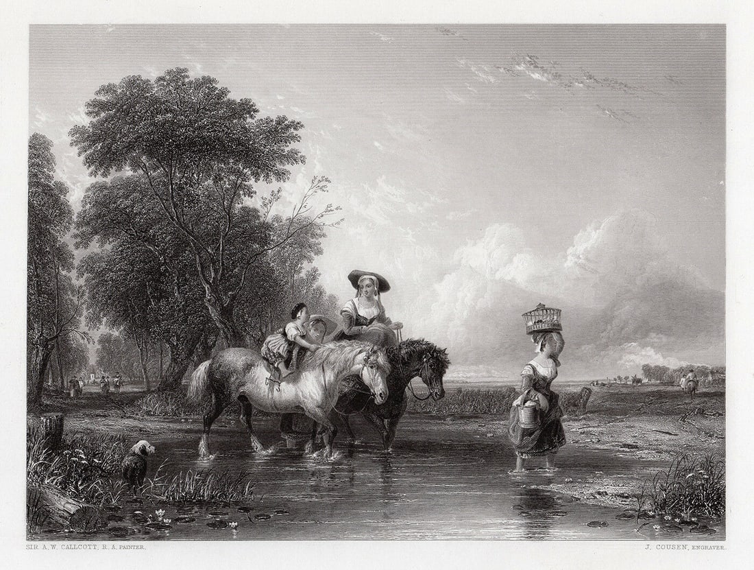 Sir Augustus Wall Callcott Returning from Market (Crossing the Stream) engraving signed: Sir Augustus Wall Callcott. (English, 1779-1844). Returning from Market (Crossing the Stream). Antique engraving on wove paper after the original oil painting by master engraver John Cousen (English, 