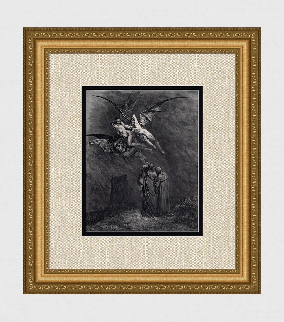 GUSTAVE DORE 1800s Divine Comedy Woodcut THE THREE FURIES Framed Signed (1 of 3)