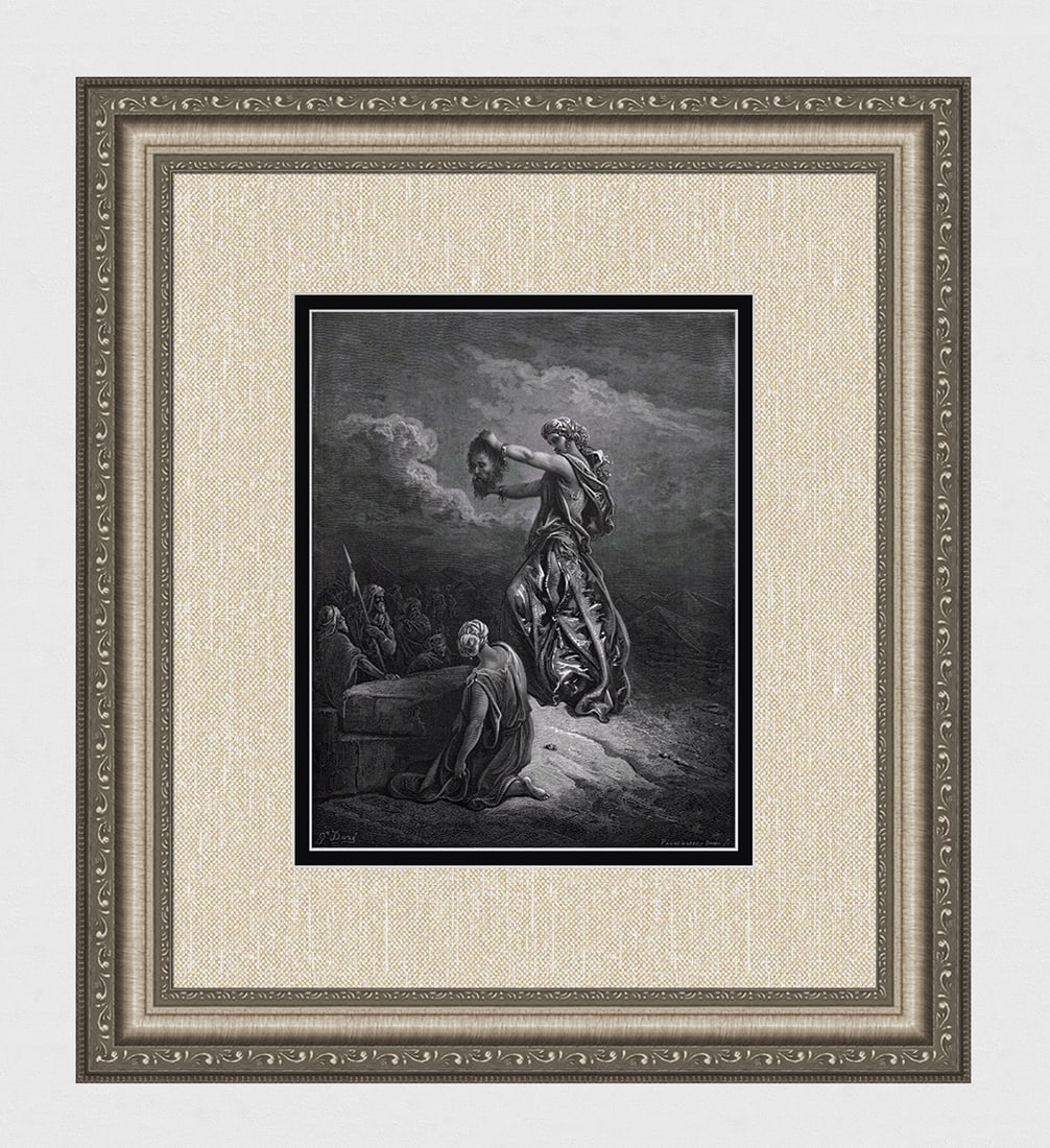 1800s Gustave DORE'S BIBLE Woodcut Judith & the Head of Holofernes SIGNED FRAMED: Gustave Dore (Paul Gustave Louis Christophe Dore) (French, 1832-1883). Judith Shows the Head of Holofernes (from Dore's Bible). Antique woodcut wove paper after the original by a master wood engravers