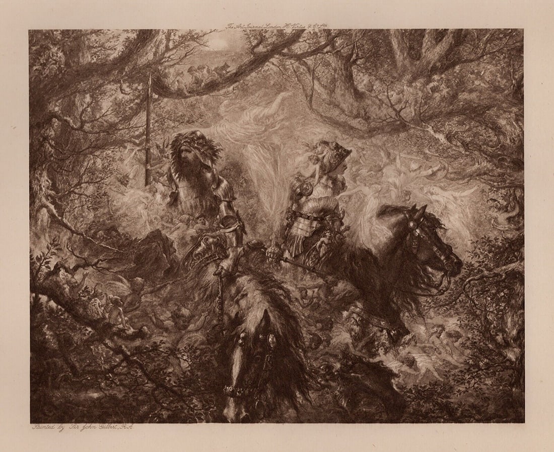 John GILBERT Antique Print The Enchanted Forest FRAMED SIGNED: Sir John Gilbert (English, 1817 - 1897). The Enchanted Forest. Antique heliogravure on wove paper after the original watercolor by a Master Engraver. Year: 1901. Signed in the plate. Image size 7 1/4 