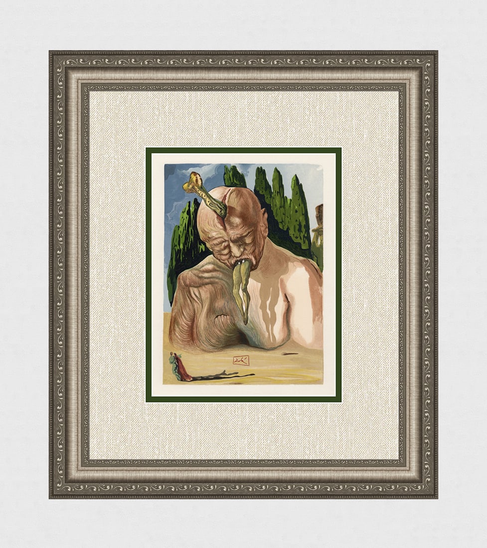 Salvador Dali 1960 Authentic Woodcut Signed Framed Devil: Salvador Dali. "A Devil Logician" Enferno Chant 27. Authentic Original Color Woodcut from The Divine Comedy Printed in 1960 on B.F.K. Rives Paper ( this is not a reproduction, copy, or reprint, but th