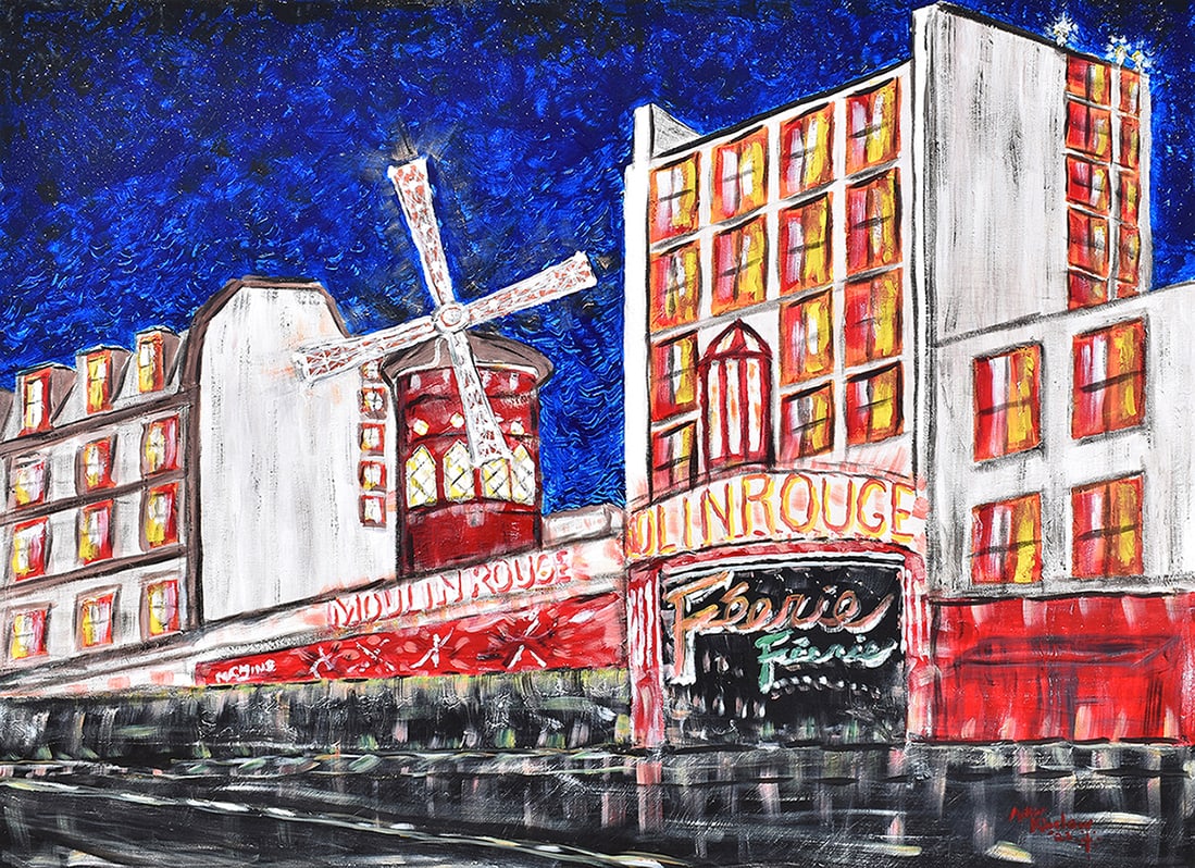 LARGE Arthur Kinslow Original Painting Moulin Rouge 36 x 48 inches: Arthur Kinslow ( American, 1955 - ) Moulin Rouge. Original Acrylic on Canvas.Signed by the artist lower right. Canvas Size 36 x 48 inches. Arthur Kinslow has been involved in art his entire life and b