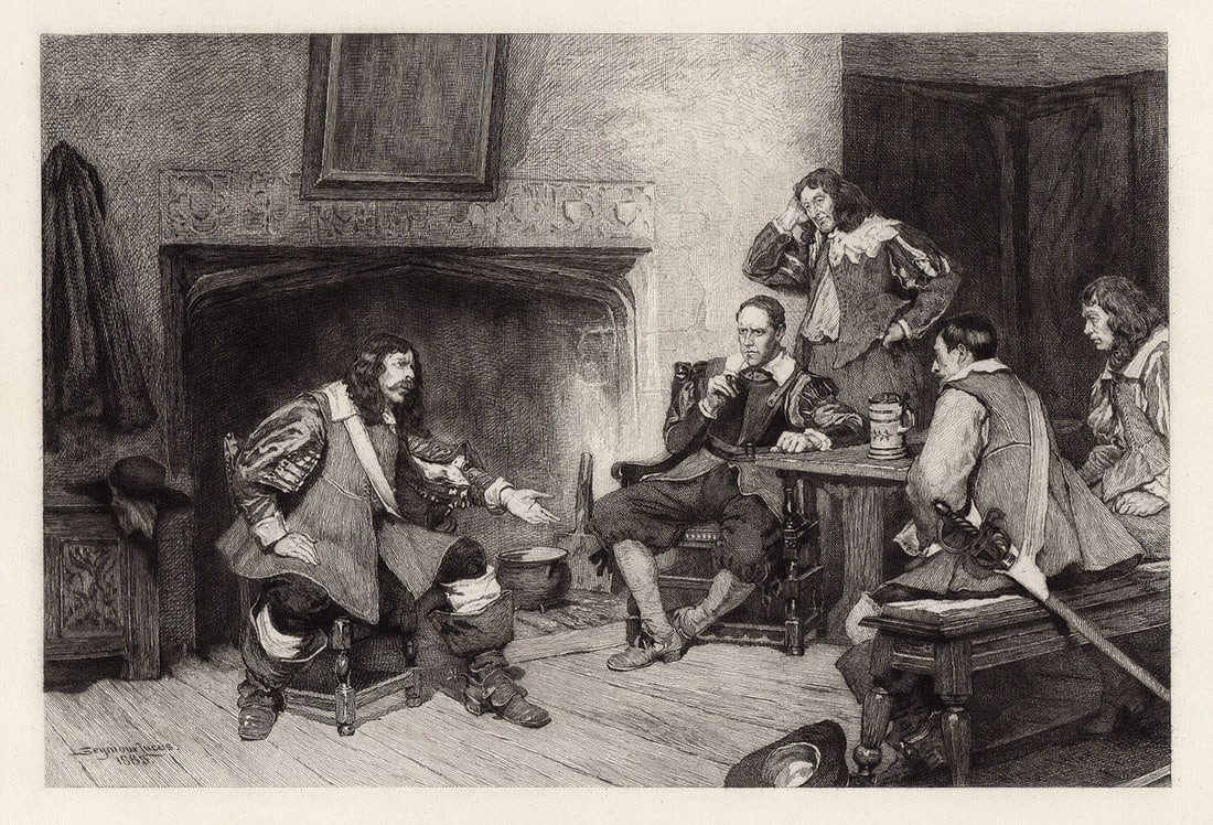 John Seymour Lucas 1884 engraving A Tale of Edgehill signed: John Seymour Lucas. (English, 1849 - 1923). A Tale of Edgehill. Antique engraving on wove paper after the original oil on canvas by master engraver Victor Gustave Lhuillier (French/British 1844 - 1889