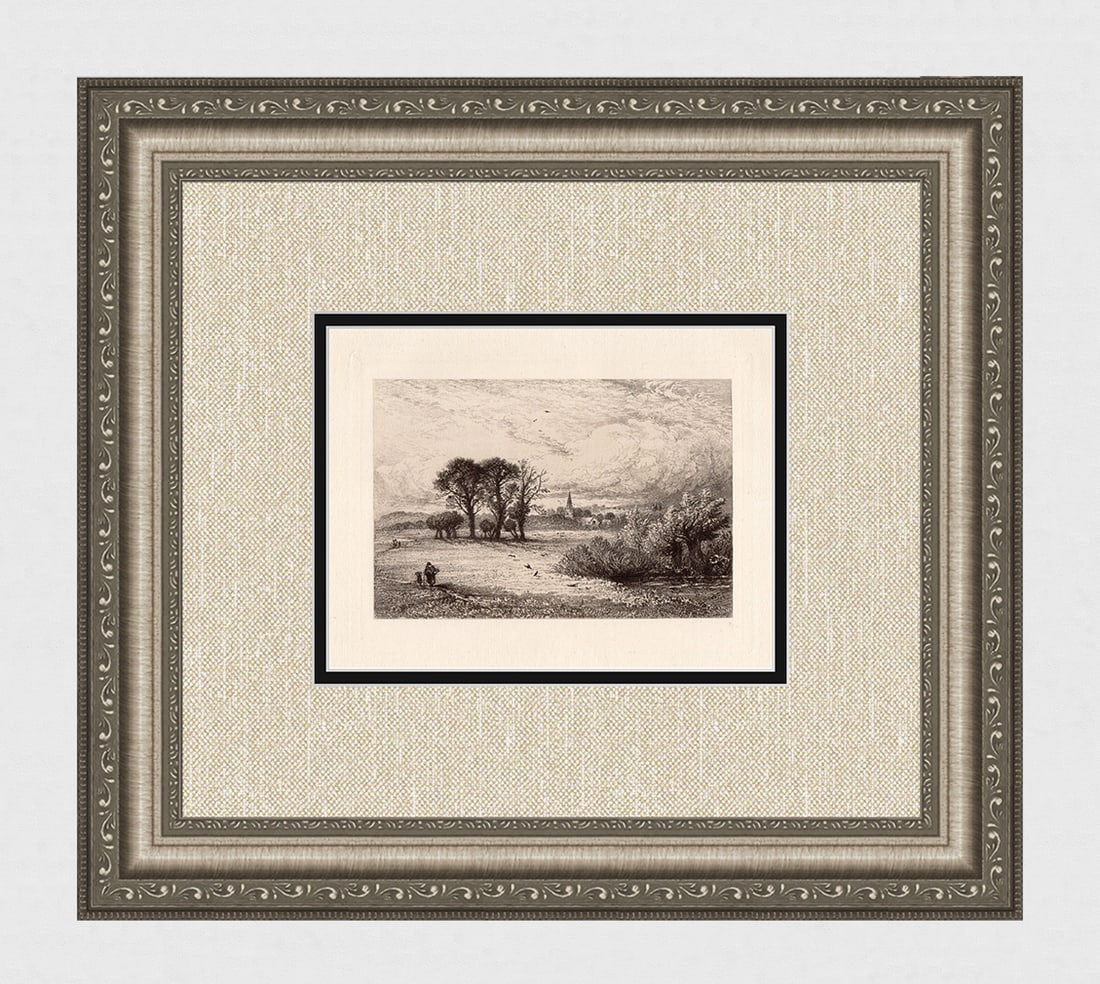 Famous Edward Paxman Brandard Landscape with a Church 1883 etching: Edward Paxman Brandard. (English, 1819-1898). Meadows at Marlow on the Thames. Antique Etching on thick laid paper from the original copper plate. 1883. Excellent. Image size 5 3/4 x 7 1/2 inches. App