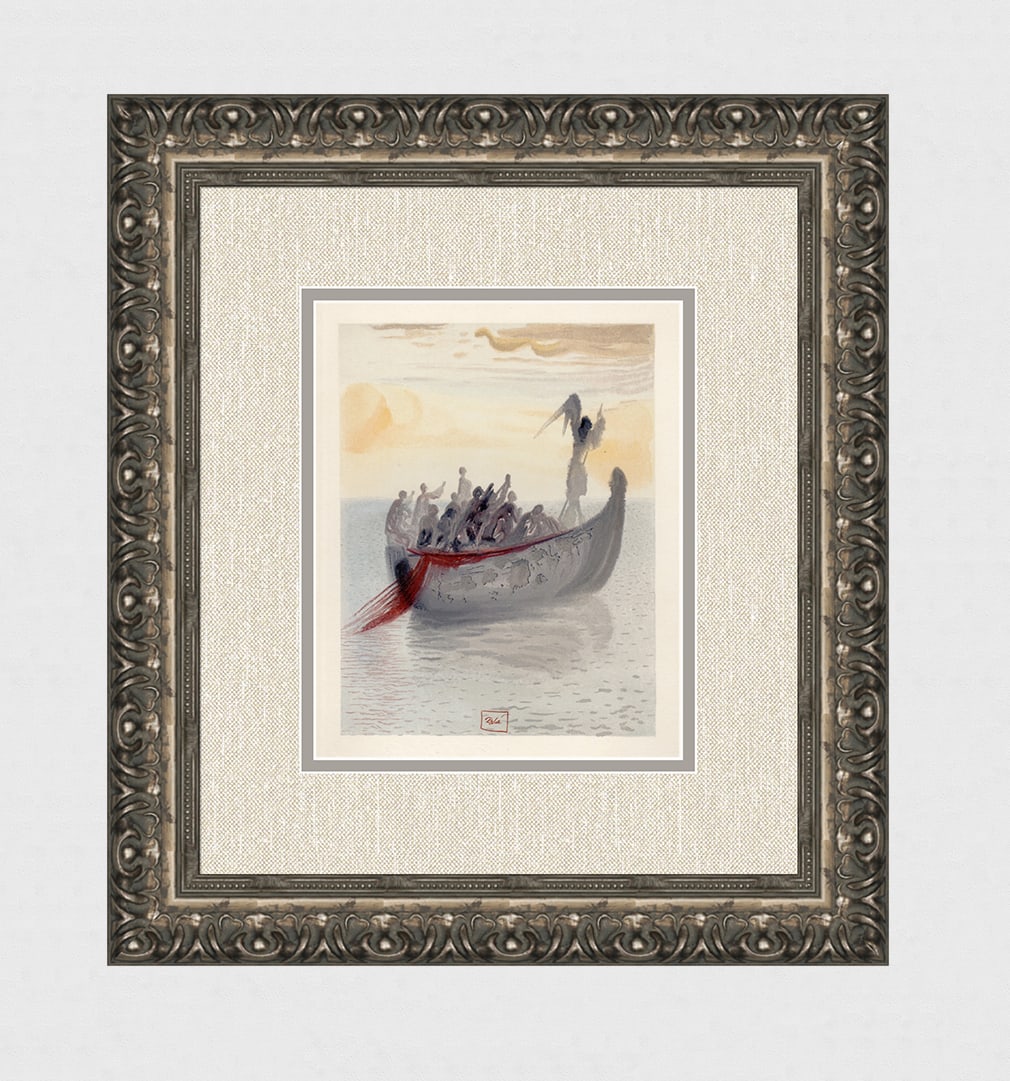 1960 Salvador Dali Ship Souls Authentic Woodcut Signed Framed: Salvador Dali. (1904-1989). "The Ship of Souls" Purgatory Canto 2. Authentic Original Color Woodcut from The Divine Comedy Printed in 1960 on B.F.K. Rives Paper ( this is not a reproduction, copy, or 