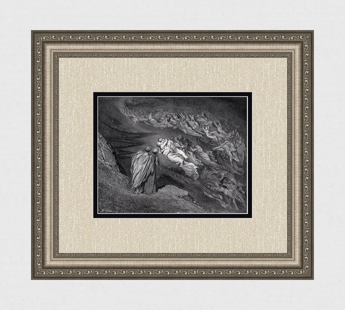 1800s DORE Divine Comedy Woodcut "Paolo & Francesca Tragedy" FRAMED Signed: Gustave Dore (Paul Gustave Louis Christophe Dore) (French, 1832-1883). Chant 5 Paolo And Francesca (Dante's Divine Comedy Enferno). Antique woodcut on wove paper after the original by master wood engr
