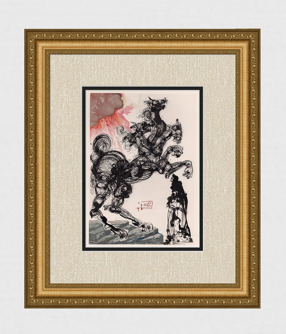 1960 Salvador Dali Cerberus Original Woodcut Signed: Salvador Dali. (1904-1989). "Cerberus" Enferno Canto 6. Authentic Original Color Woodcut from The Divine Comedy Printed in 1960 on B.F.K. Rives Paper ( this is not a reproduction, copy, or reprint, bu
