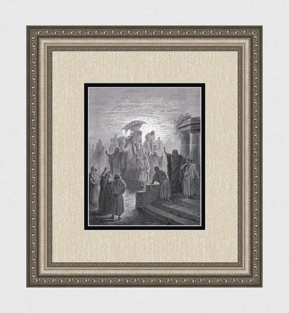 SIGNED 1800s Gustave DORE Biblical Woodcut ISAAC & REBEKAH Framed: Gustave Dore (Paul Gustave Louis Christophe Dore) (French, 1832-1883). The Meeting of Isaac and Rebekah (from Dore's Bible). Antique woodcut wove paper after the original by a master wood engravers Fr